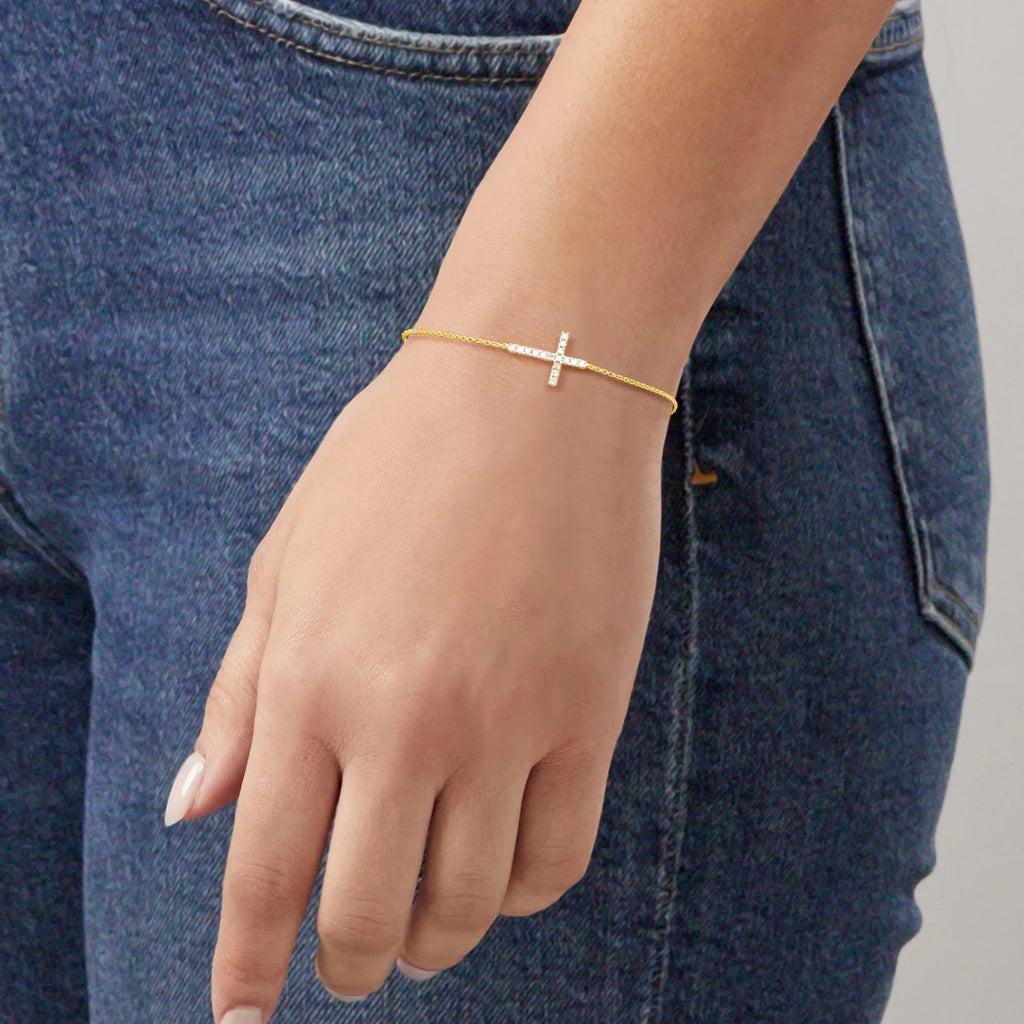Diamond Cross Bracelet in 10kt Yellow Gold, Women's, Adult. t.w. Canaria 0.15 ct
