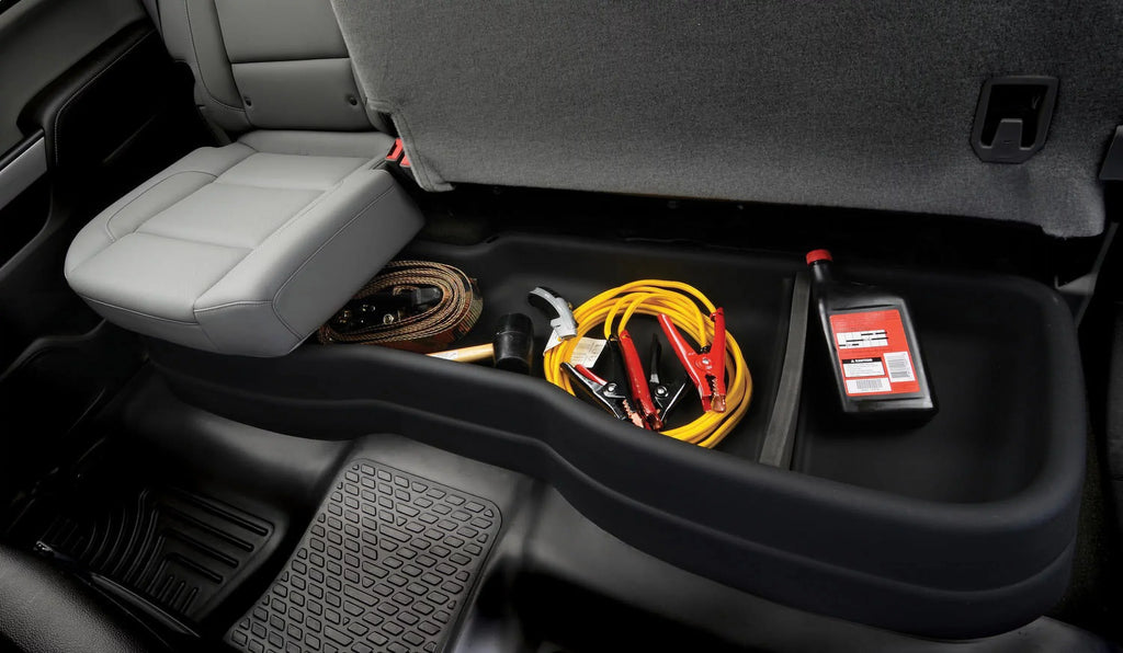Husky by RealTruck appropriate with 2015-20  F-150 SuperCrew, 2017-20  F-250/F-350 Crew Cab - without factory storage box Gearbox Under Seat Storage Box