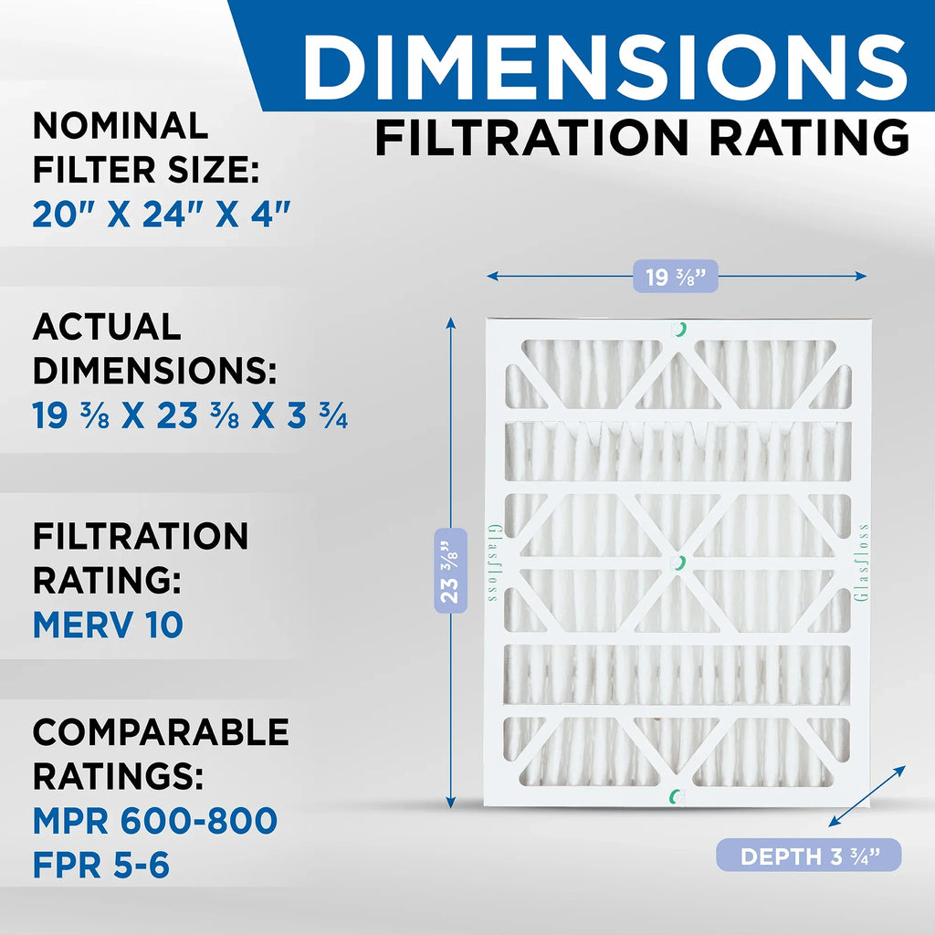 Exact Size: 19-3/8 x 23-3/8 x 3-3/4. Box of 4. Glasfloss ZL 20x24x4 MERV 10 Pleated AC Furnace Air Filters