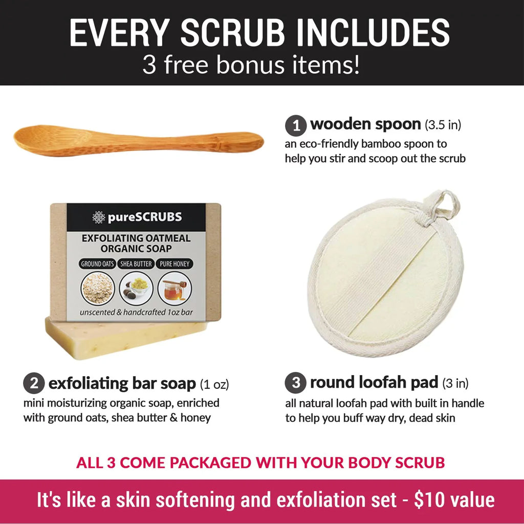 pureSCRUBS Premium Organic Body Scrub Set - Large 16oz ROSE BODY SCRUB - Pure Dead Sea Salt Infused Organic Essential Oils & Nutrients + FREE Wooden Spoon, Loofah & Mini Organic Exfoliating Bar Soap