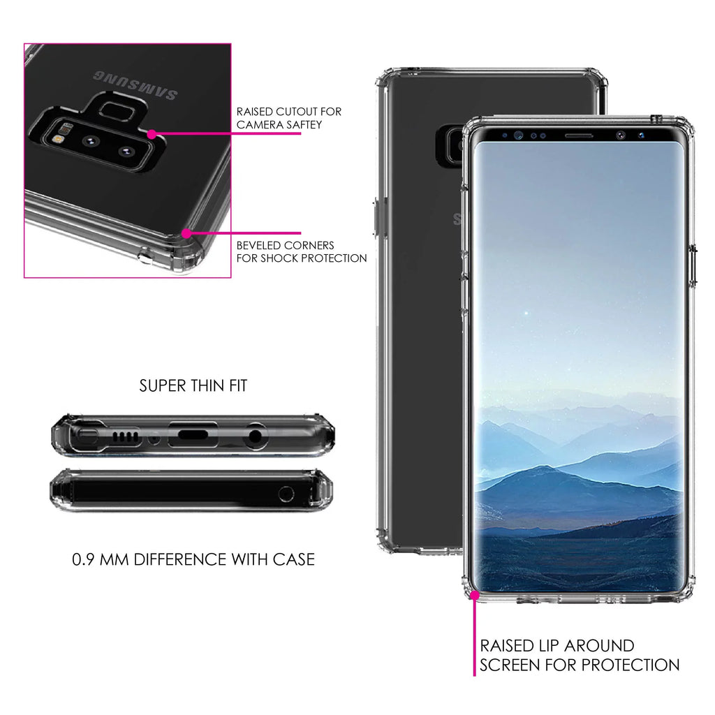 DistinctInk Clear Shockproof Hybrid Case for  Galaxy Note 9 - TPU Bumper, Acrylic Back, Tempered Glass Screen Protector - Faith, Hope & Love - Cross & Leaves