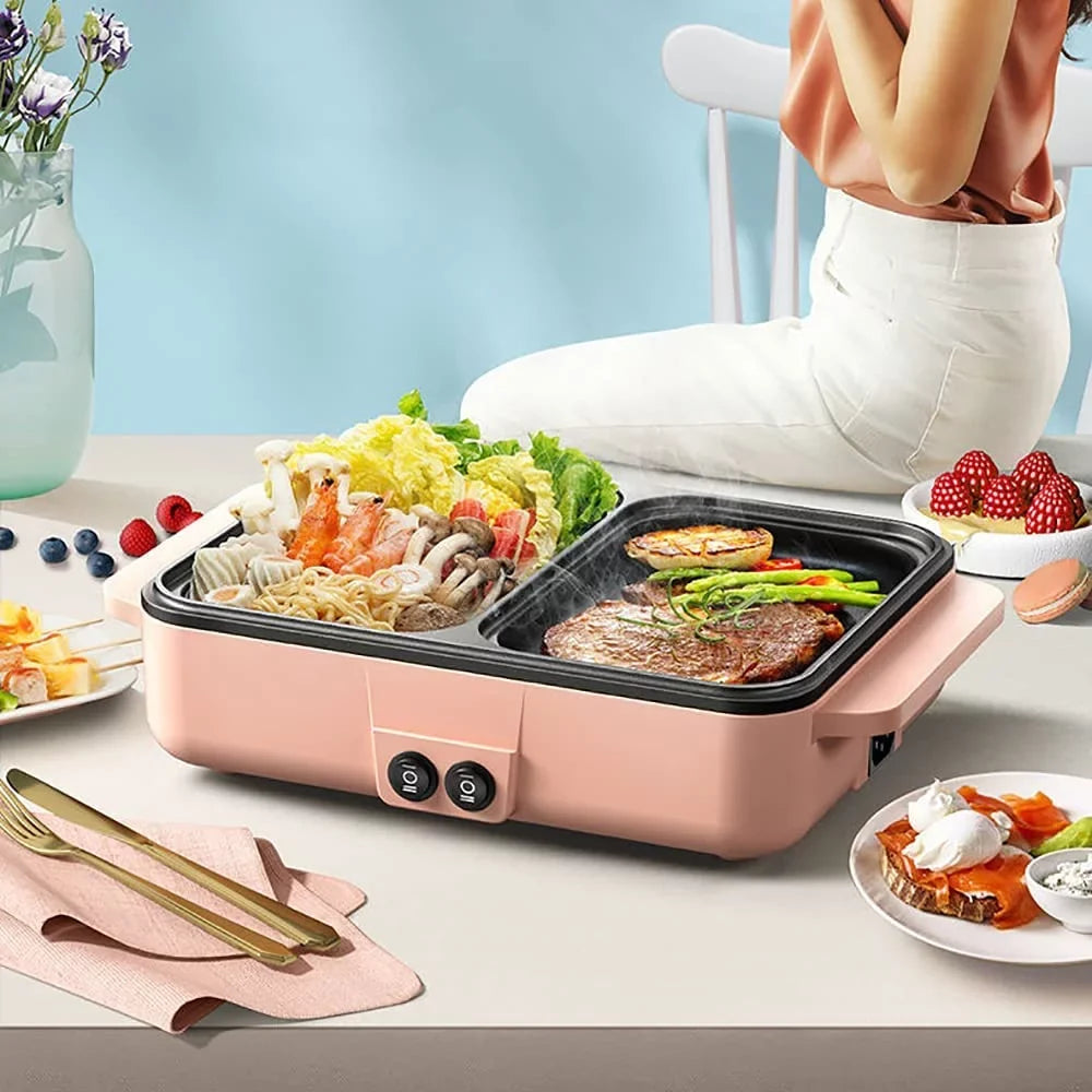 MONIPA 2 in 1 Portable Electric Hot Pot Barbecue Grill Barbecue Hotpot Pan, Non-Stick Stainless Steel Pan (Pink)