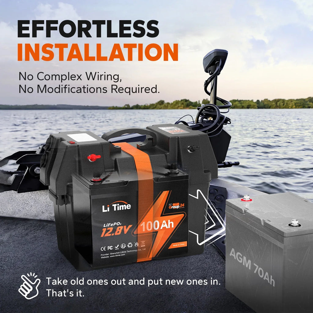LiTime 12V 100Ah BCI Group 24 Lithium Battery, Rechargeable LiFePO4 Battery with Up to 15000 Cycles, 1.28kWh and Higher Energy Density, Perfect for Van, Trailer, RVs, MotorHome and ship Scenarios