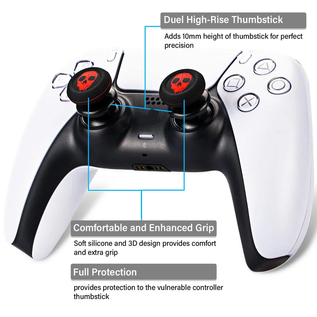 Playrealm FPS Thumbstick Extender & Printing Rubber Silicone Grip protector 2 Sets for PS5 Dualsenese & PS4 Controller (Ghost Red)