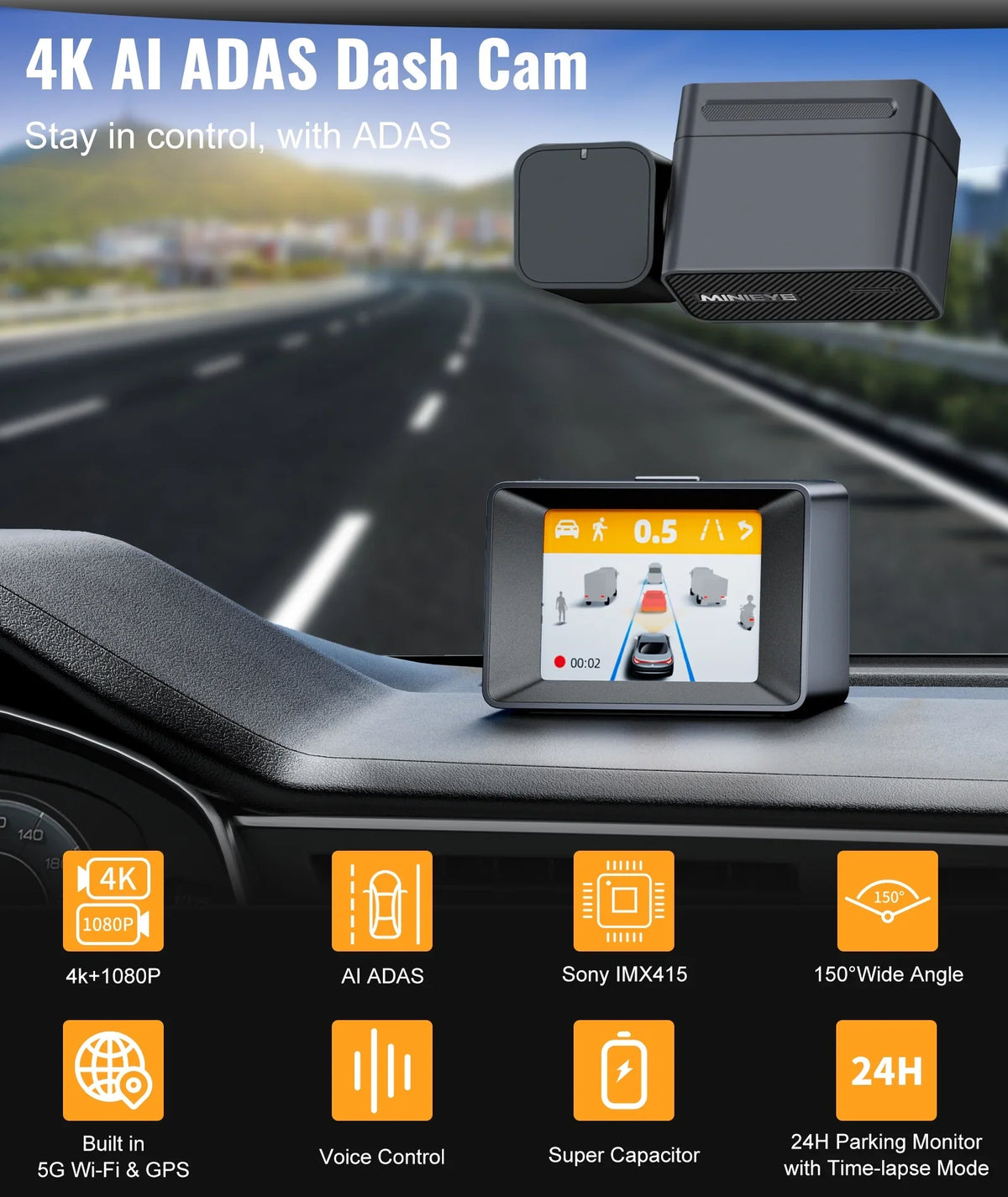 MINIEYE C2M 4K Dash Cam Front and Rear, Dual Dash Camera for Cars 4K+1080P -  AI Collision Avoidance Device, 2.4'' LCD, Built-in 5G WiFi GPS, ADAS, Loop Recording, Super Night Vision, APP OTA Update