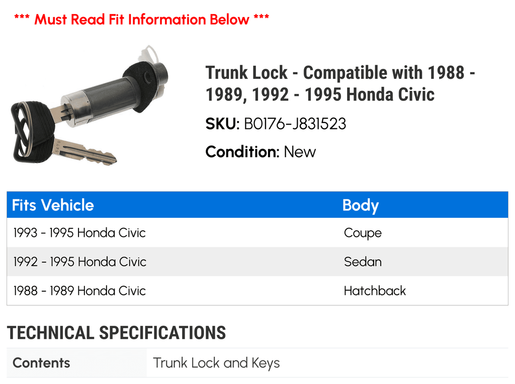 Trunk Lock - suitable with 1988 - 1989, 1992 - 1995 Honda Civic 1993 1994