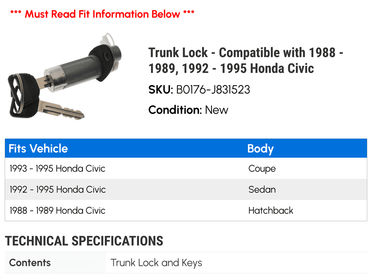 Trunk Lock - suitable with 1988 - 1989, 1992 - 1995 Honda Civic 1993 1994