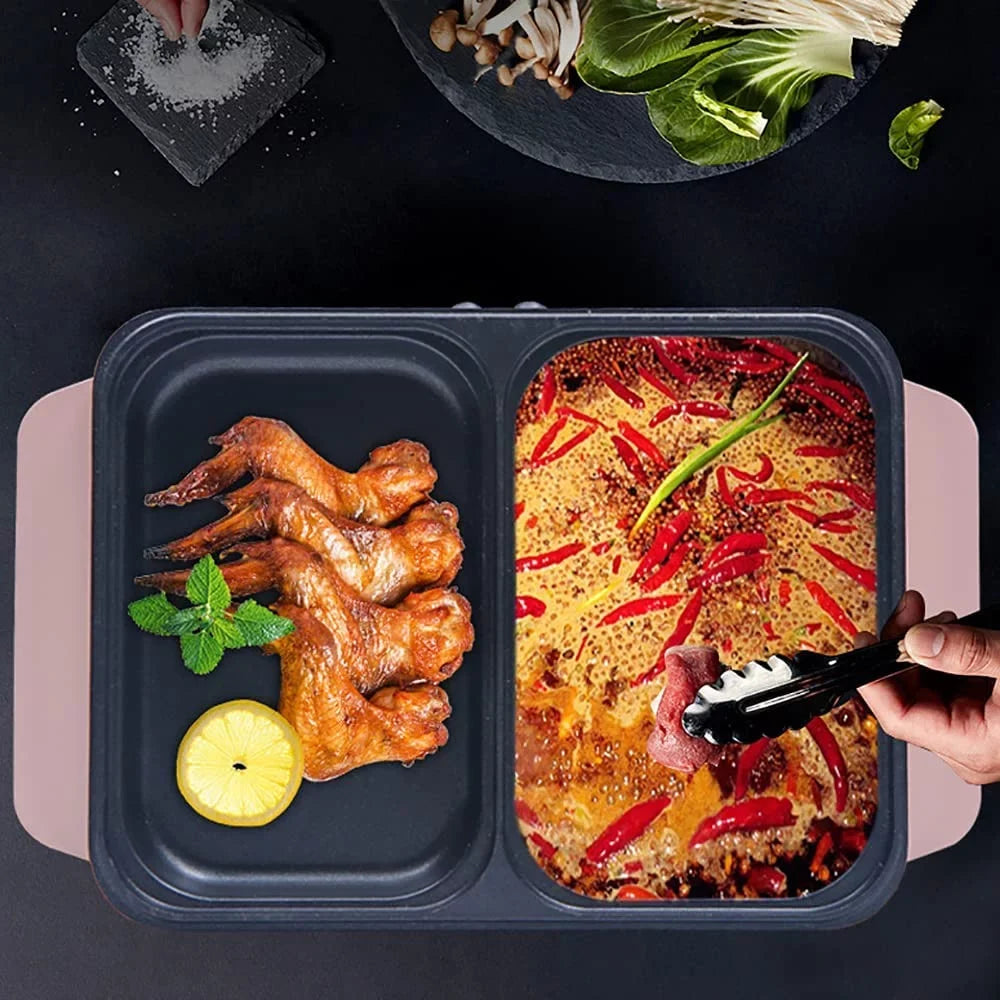 MONIPA 2 in 1 Portable Electric Hot Pot Barbecue Grill Barbecue Hotpot Pan, Non-Stick Stainless Steel Pan (Pink)
