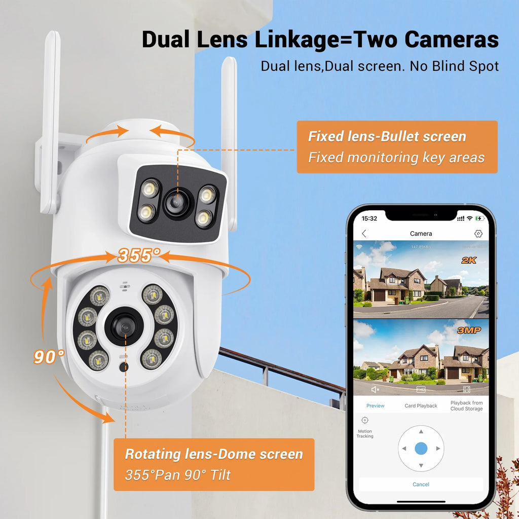 TOPVISION Dual Lens Security Camera Outdoor, 6MP Dual Lens Smart Linkage,  IP66 Waterproof 2.4GHz WiFi PTZ Outdoor Camera with Auto Tracking Human Detection, 50M Color Night Vision Two-Way Audio