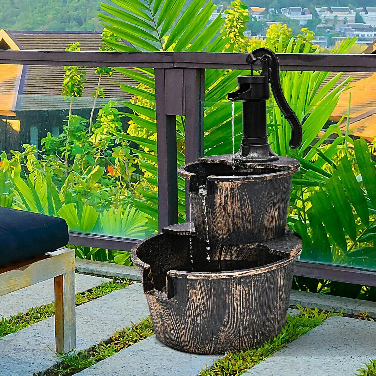 2-Tier Barrel Waterfall Fountain with Pump | Outdoor Garden Barrel aqua Fountain