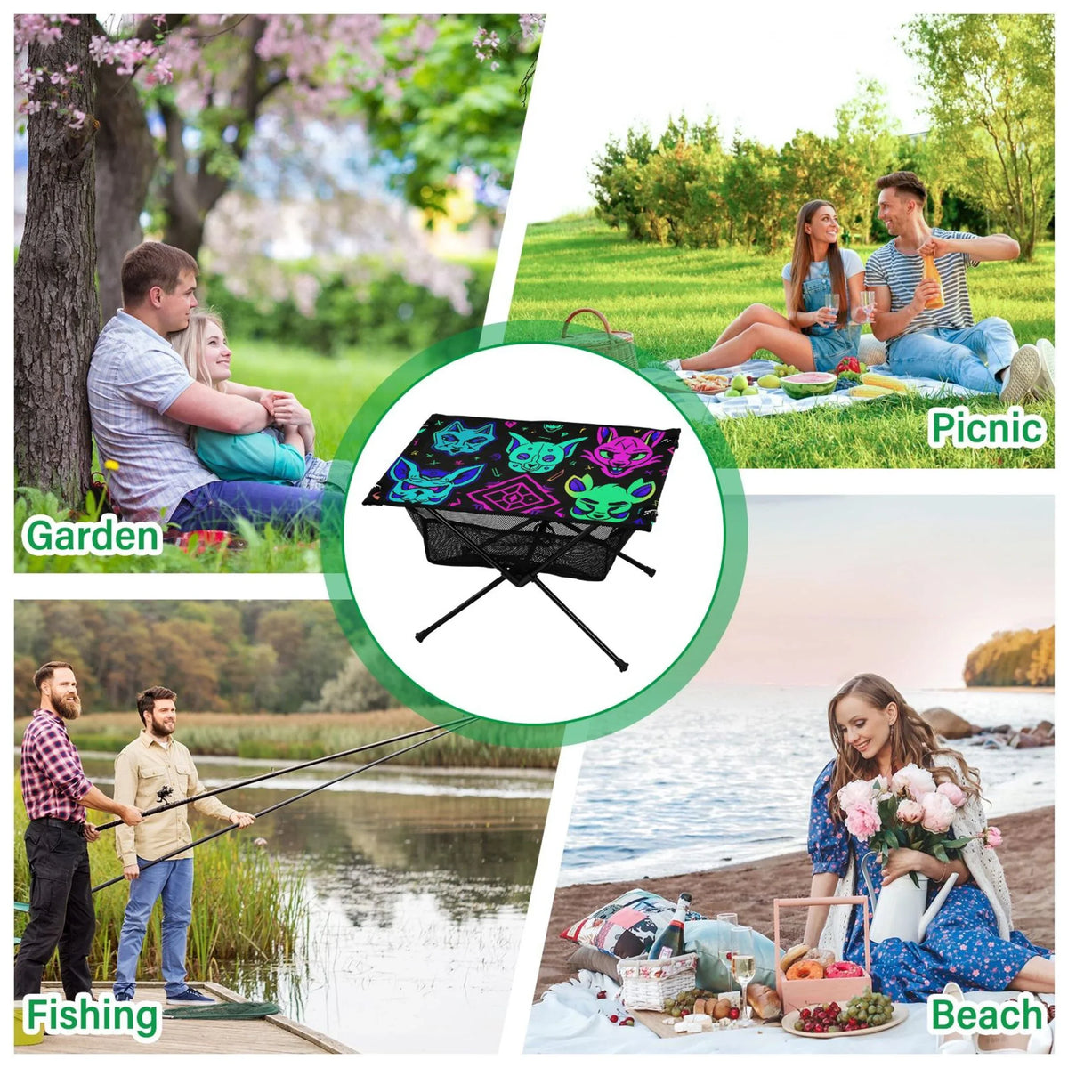 Magic Devils Lions Camping Folding Table Portable Beach Table with Storage Bag Compact Picnic Table for Outdoor Travel Fishing BBQ