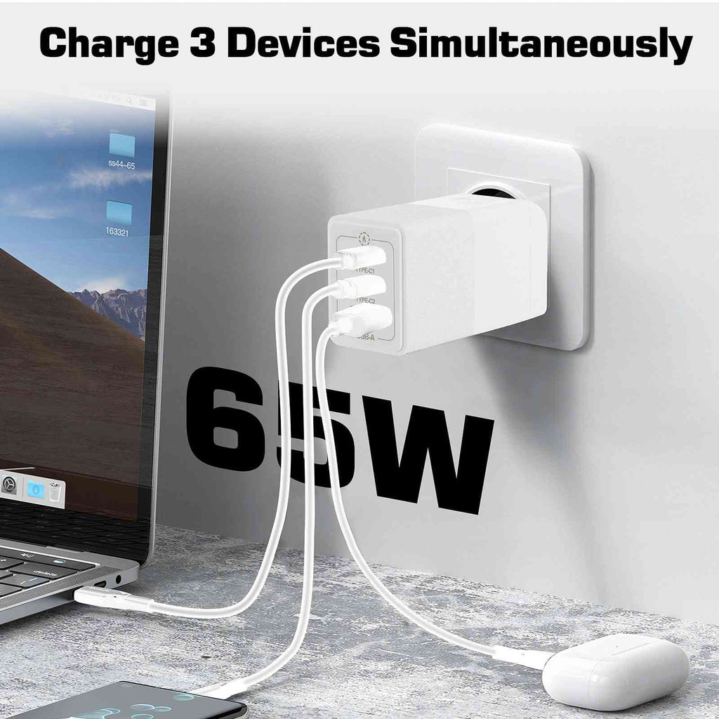 UrbanX 65W Fast Travel Charger with 3 Ports USB & Dual USB-C High-Speed Charging suitable with HTC One A9/One M9/Desire Eye/Butterfly 2/One Remix, iPhone,  Galaxy, Google Pixel, MacBook