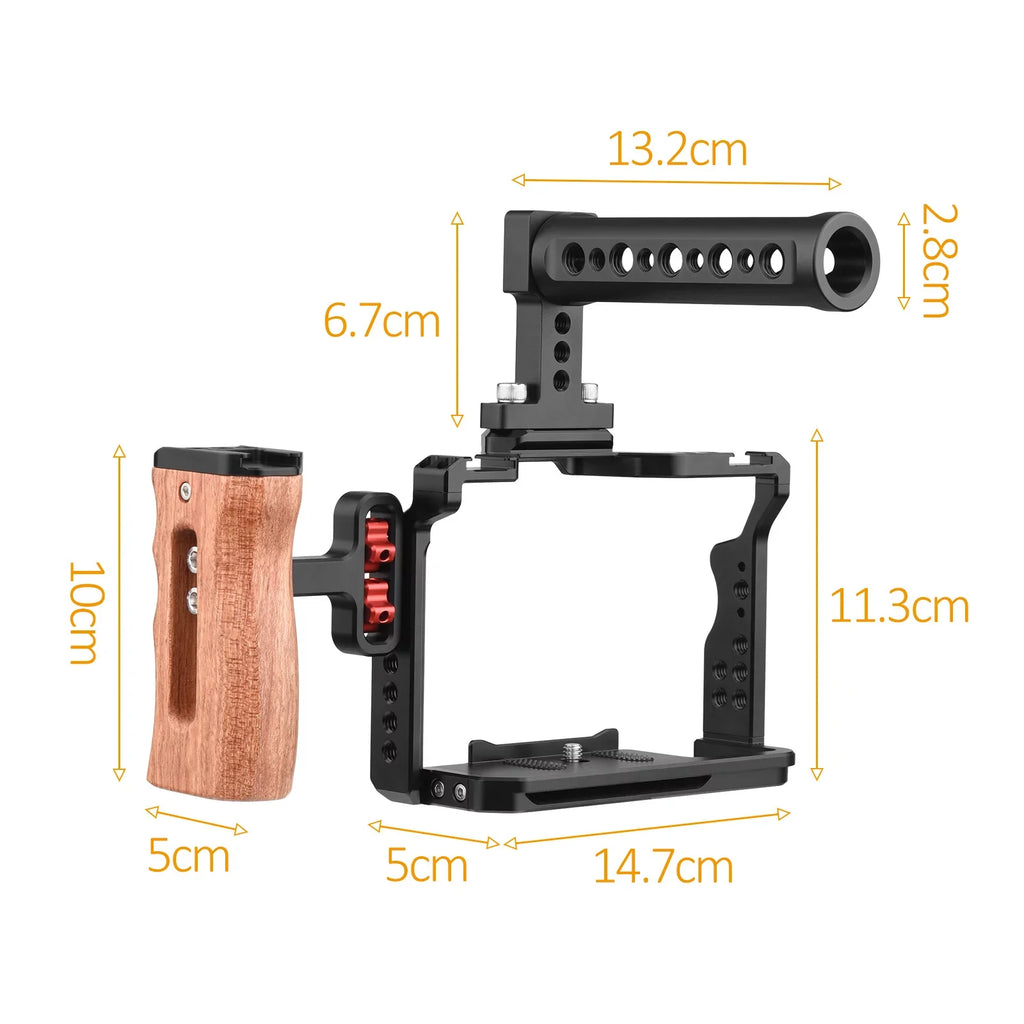 Andoer Video Cage + Handle + Side Wooden Grip Kit Aluminum Alloy with Dual Cold Shoe Mounts Numerous 14 Inch Threads Replacement for  A7IV/ A7III/ A7II/ A7R III/ A7R II/ A7S II