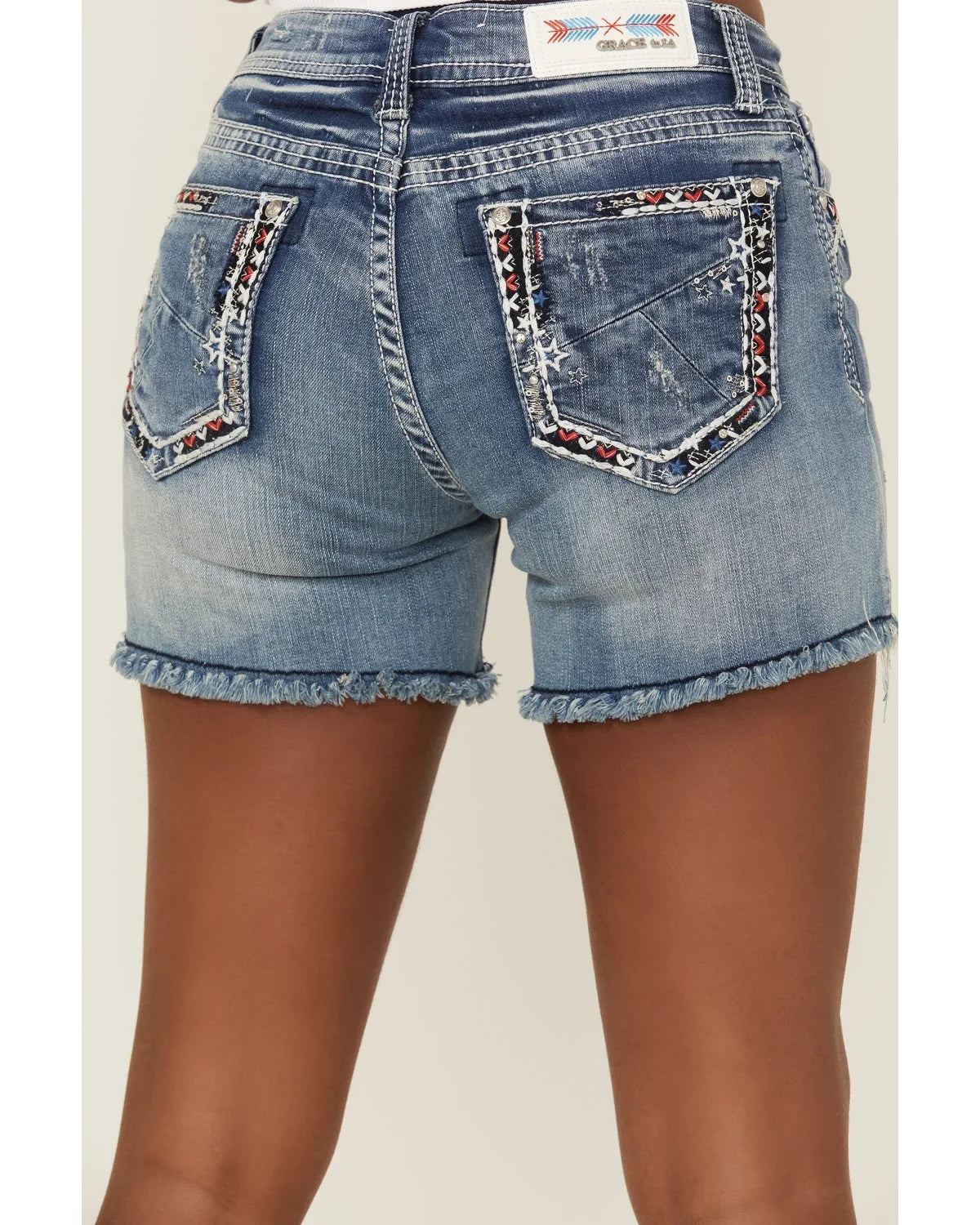 Grace In LA Women's Americana Embroidered Distressed Cut-Off Stretch Denim Jean Shorts (26)