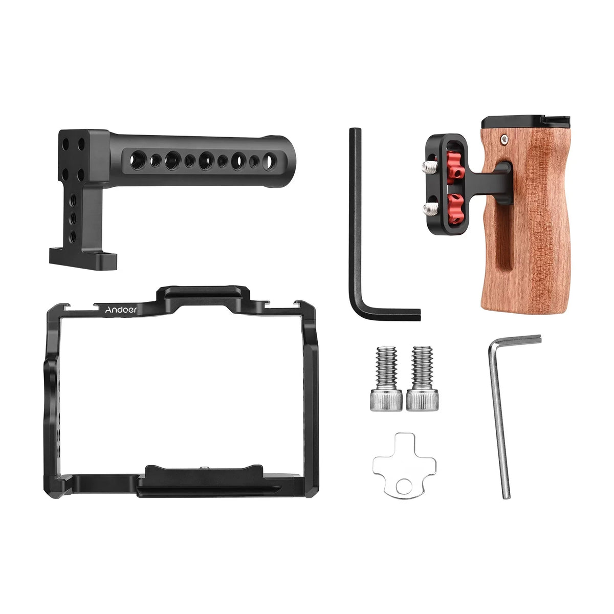 Andoer Video Cage + Handle + Side Wooden Grip Kit Aluminum Alloy with Dual Cold Shoe Mounts Numerous 14 Inch Threads Replacement for  A7IV/ A7III/ A7II/ A7R III/ A7R II/ A7S II