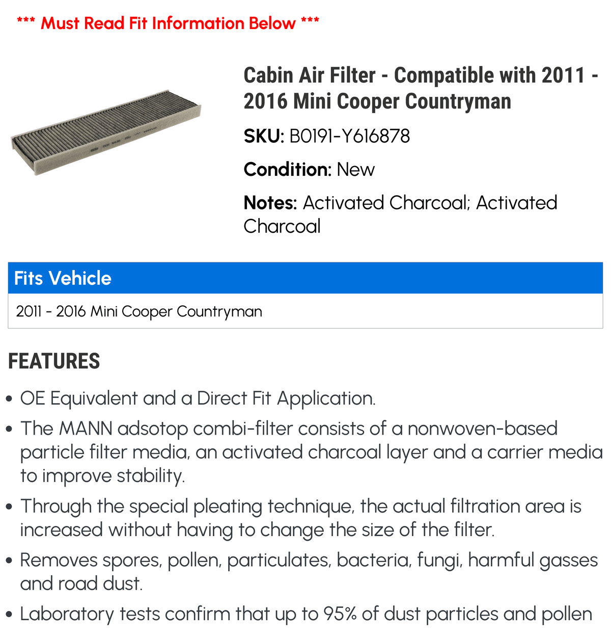 Cabin Air Filter - matching with 2011 - 2016 Mini Cooper Countryman 2012 2013 2014 2015