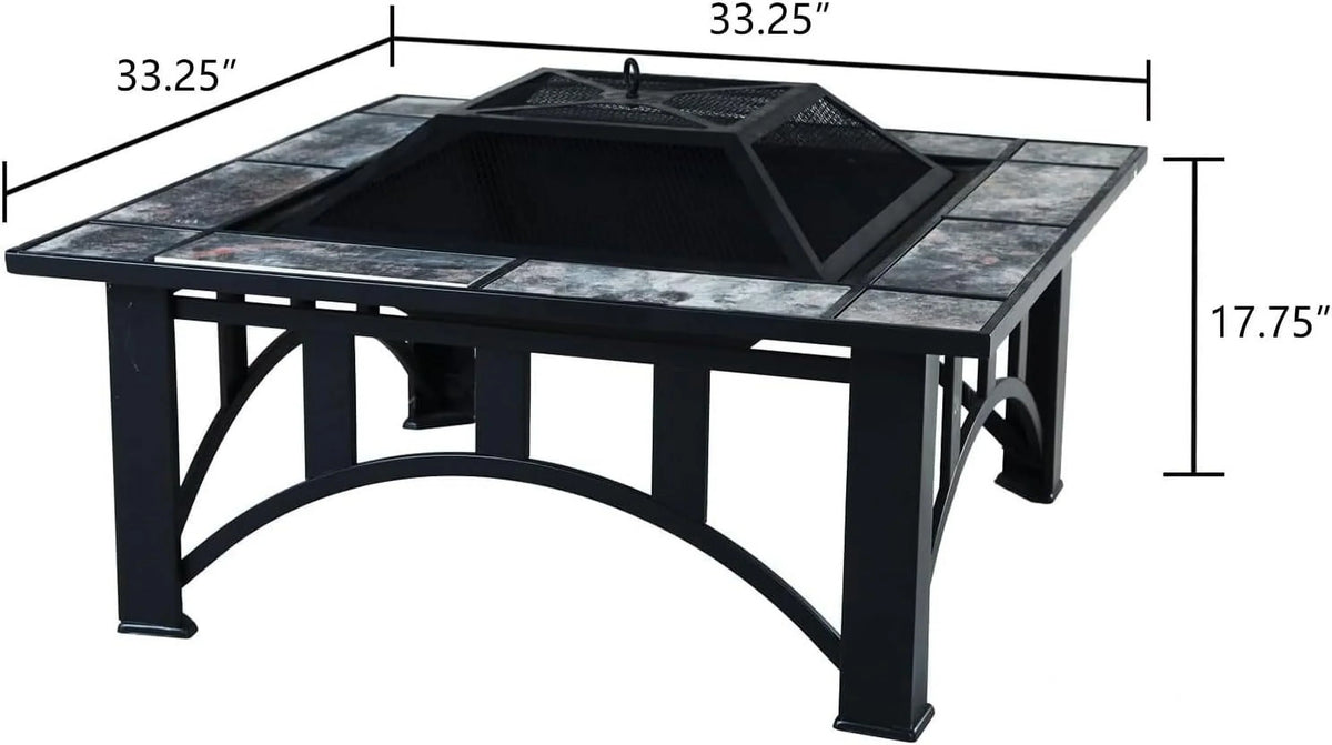 Grand Patio Fire Pits for Outside 35'' Wood Burning Square Marble Tile Tabletop Fire Tables for Patio Bonfire,Camping,Outdoor Heating, with Spark Screen and Poker