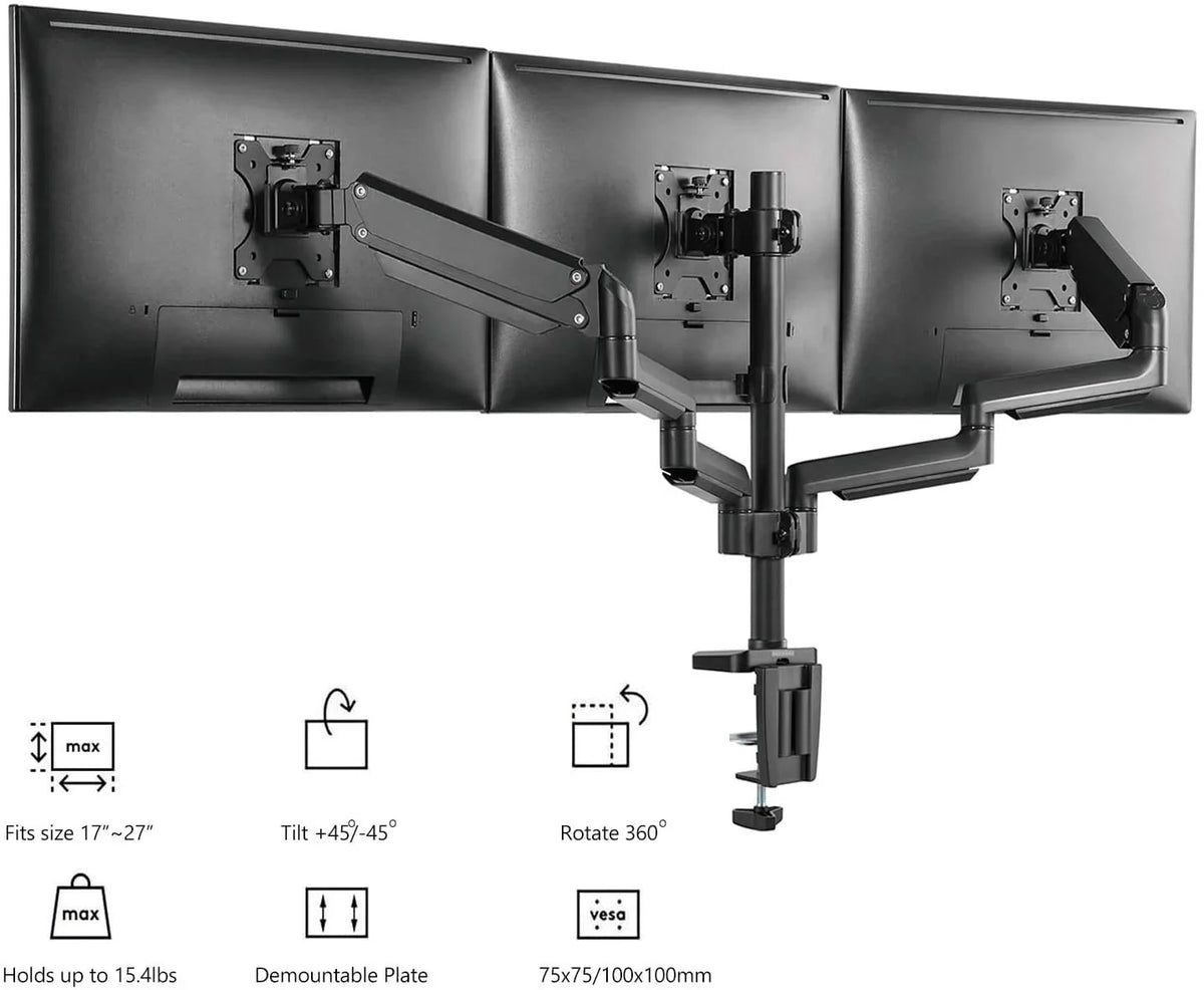 Premium Triple LCD Monitor Desk Mount Fully Adjustable Gas Spring Stand for Display up to 27 inch, 15.4lbs Weight Capacity