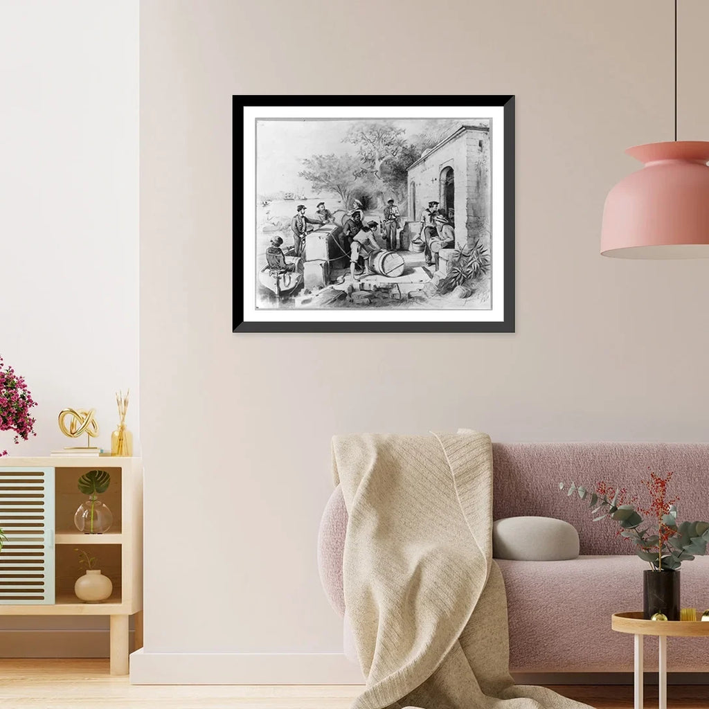 Seamen filling casks with fresh moisture, 17-7/8" x 21-7/8". Historic Framed Print, [Dominican Republic, 1871]: The Diago Columbus Spring on the Ozania River,