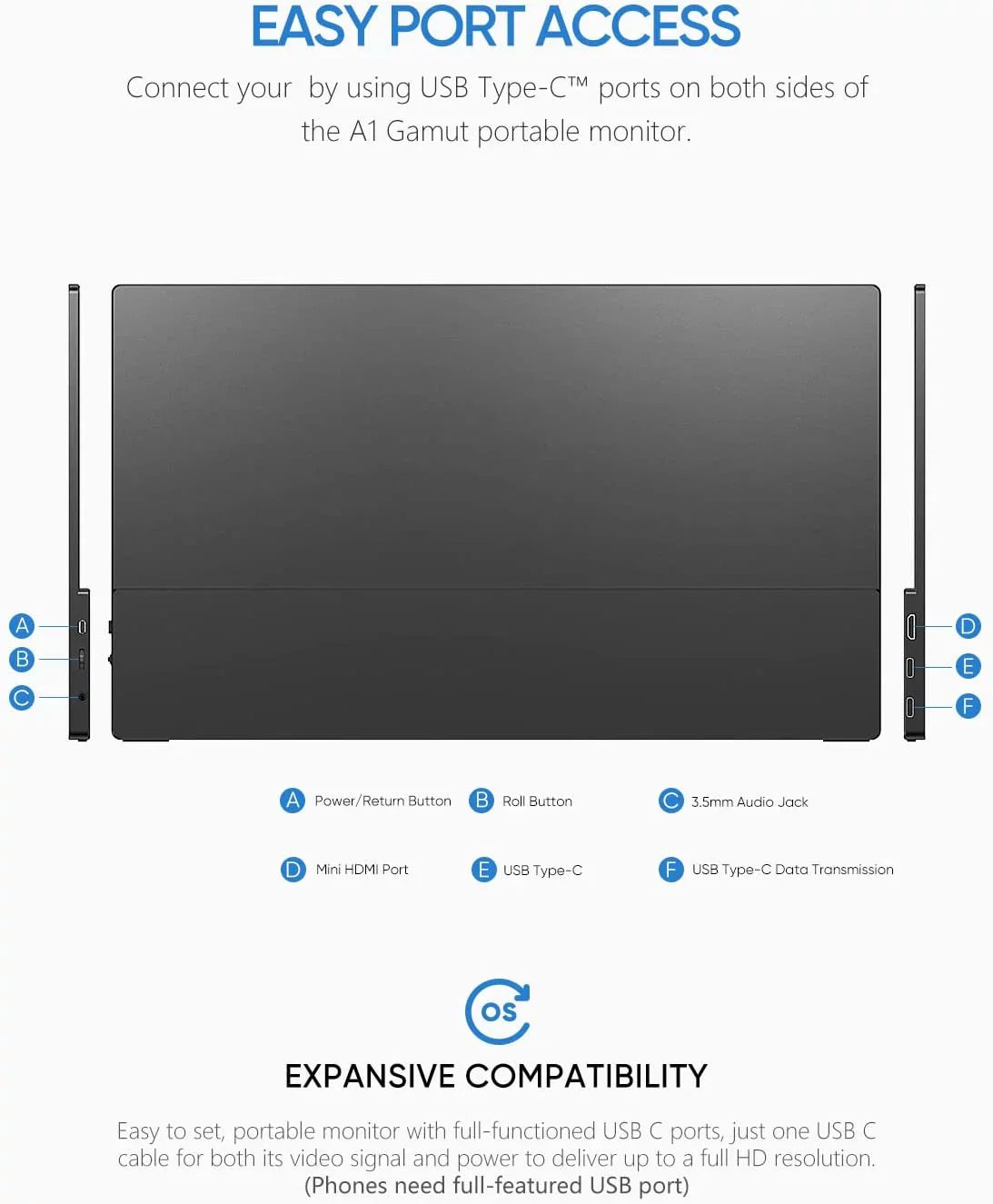 Arzopa Portable Monitor 15.6'' FHD 1080P Portable Laptop Monitor IPS Computer External Screen USB C HDMI Display - A1 GAMUT