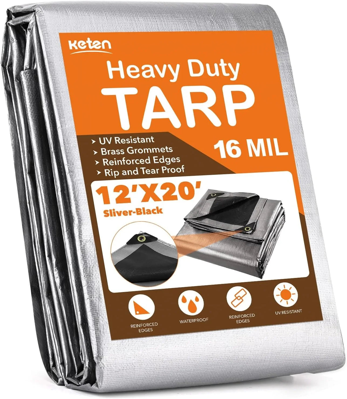 Tarps Heavy Duty Waterproof 12? X 20?, Extra Thick 16 Mil, Tear & Fade impervious, 100% UV Blocking, Outdoor Tarp with Reinforced Grommets for Roof, Camping, Patio, Pool, vessel(Silver/Black)