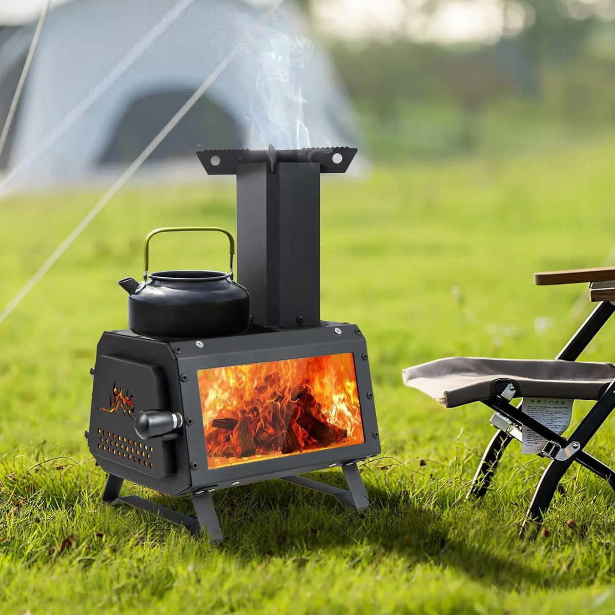 HAPPYGRILL Portable Camping Wood Stove with Lid, Wood Burning Stove with 3 Air Vents, Large Visual Window, X Shaped Holder, Outdoor Hot Tent Stove For Camping, Hunting, Fishing, Cooking