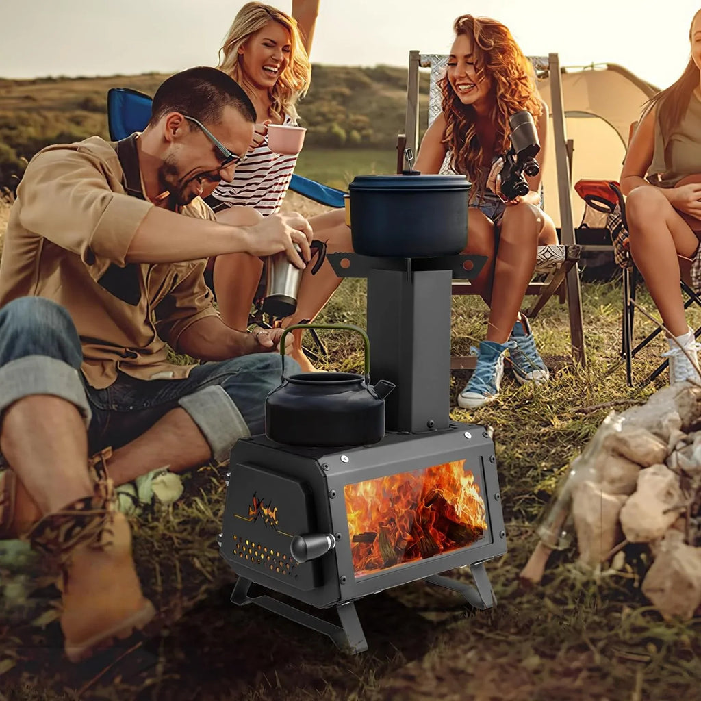 HAPPYGRILL Portable Camping Wood Stove with Lid, Wood Burning Stove with 3 Air Vents, Large Visual Window, X Shaped Holder, Outdoor Hot Tent Stove For Camping, Hunting, Fishing, Cooking