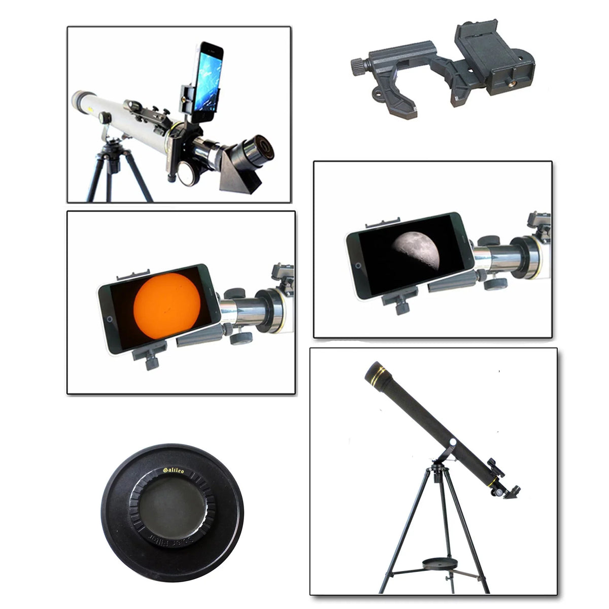Galileo700mm x60mm Day/Night Telescope Kit plus Smartphone Adapter and Solar Filter Cap