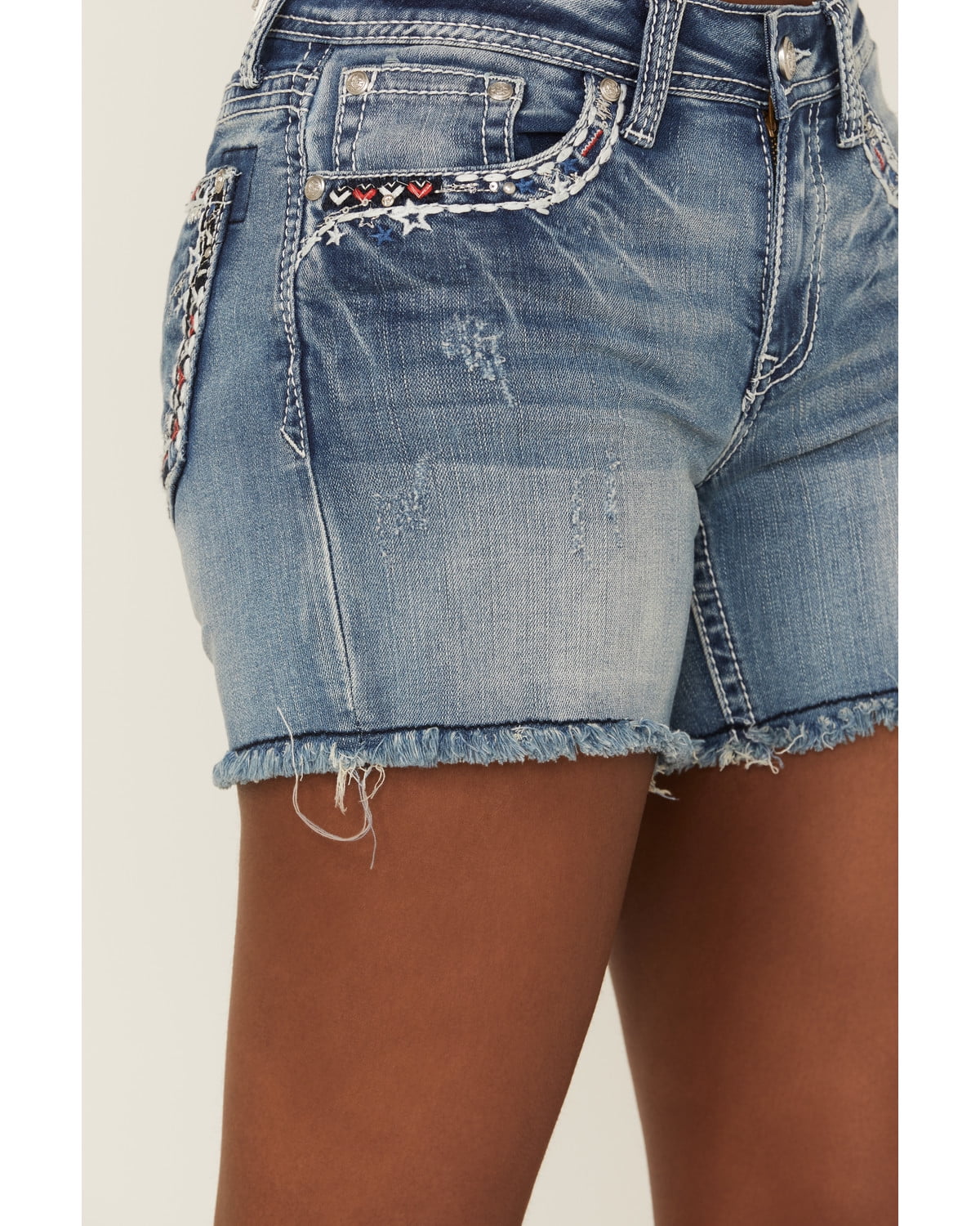 Grace In LA Women's Americana Embroidered Distressed Cut-Off Stretch Denim Jean Shorts (26)