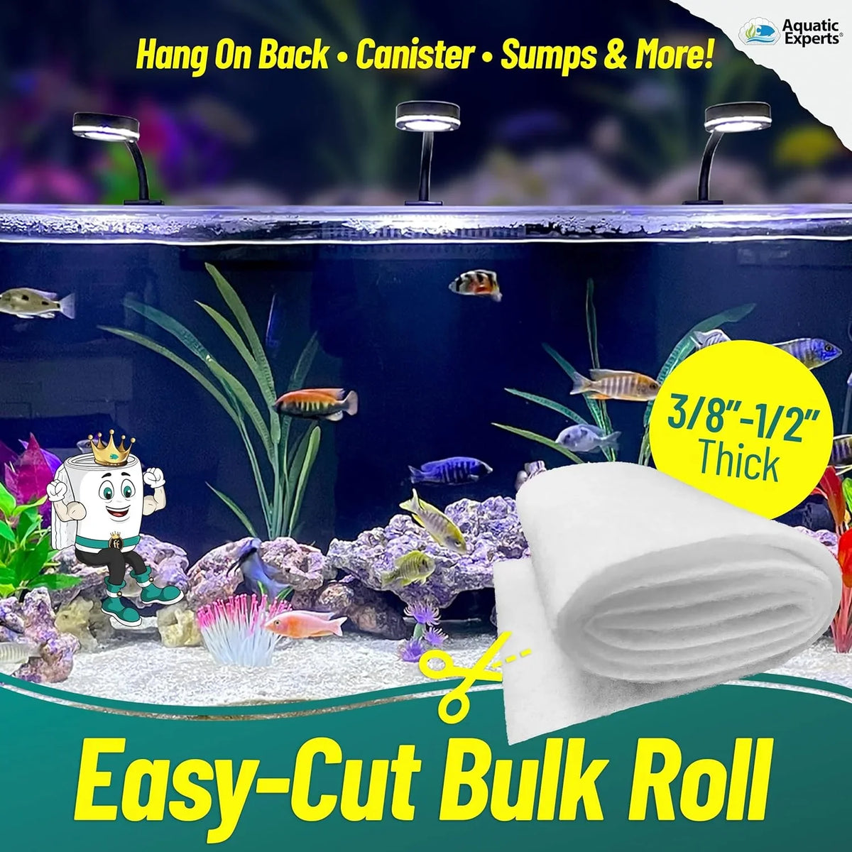 Aquatic Experts Aquarium Filter Pad, FilterFirst Aquarium Filter Media Roll for Crystal Clear moisture - Filter Floss for Fish Tank Filters, 12 by 72 by ⅜ Inch to ½ Inch Thick