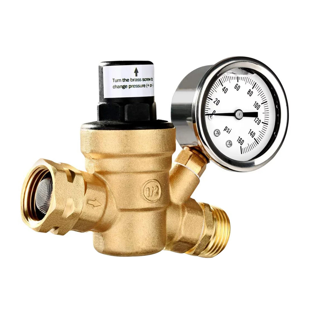 Adjustable aqua Pressure Regulator Valve - Lead-Free Brass, with 0-160PSI Gauge and Inlet Screened Filter, Ideal for RV and Travel Trailers