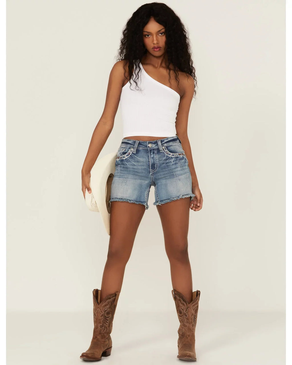 Grace In LA Women's Americana Embroidered Distressed Cut-Off Stretch Denim Jean Shorts (26)