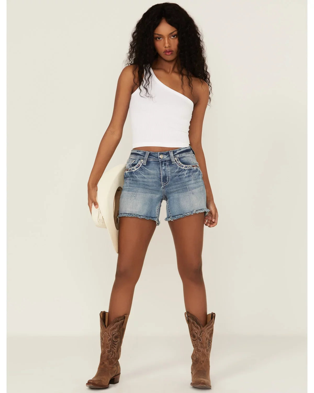 Grace In LA Women's Americana Embroidered Distressed Cut-Off Stretch Denim Jean Shorts (26)
