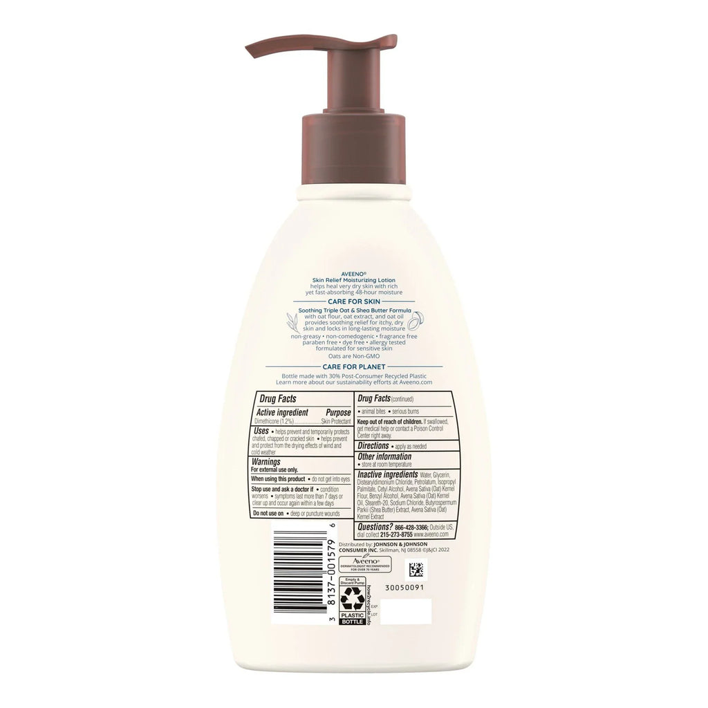 Pump Bottle Unscented Lotion (EA/1). Hand and Body Moisturizer Aveeno Skin Relief 12 oz