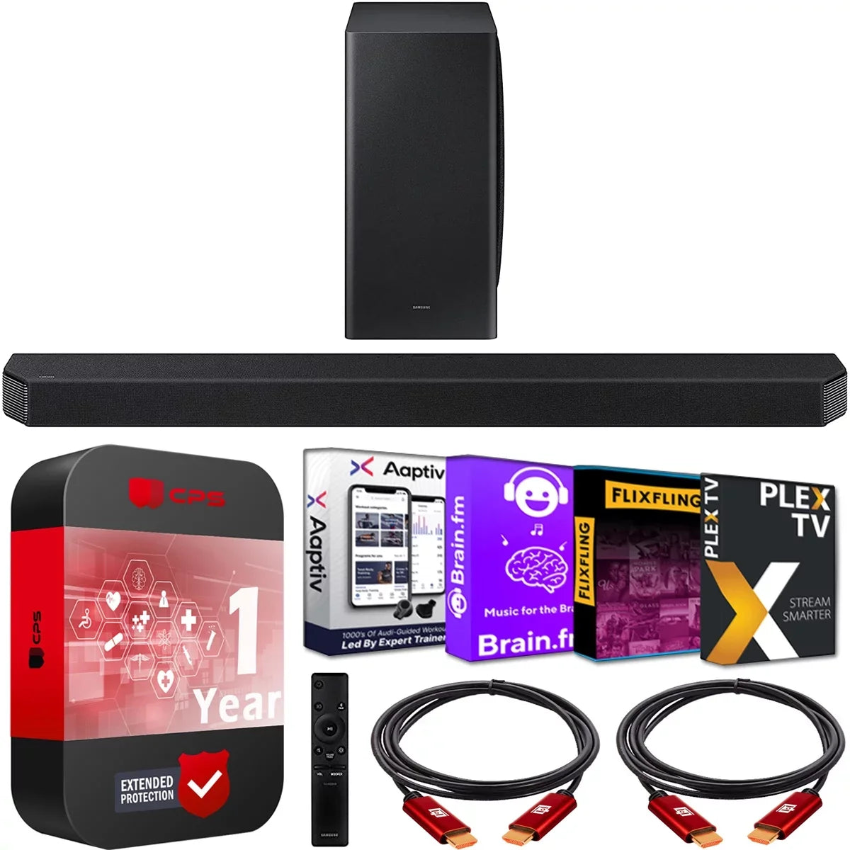 HW-Q900A 7.1.2ch Soundbar w/ Dolby Atmos / DTS:X (2021) HW-Q900A/ZA with Wireless Active Subwoofer Bundle with Extended Protection Plan + 2x Deco Gear HDMI Cables + Streaming Software Kit