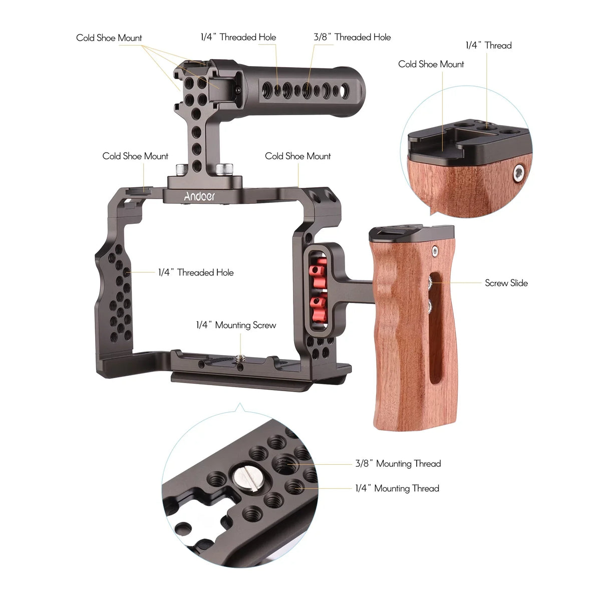 Walmeck Andoer Aluminum Alloy Cage Kit with Video Rig Handle Wooden Grip Replacement for  A7R III/ A7 II/ A7III