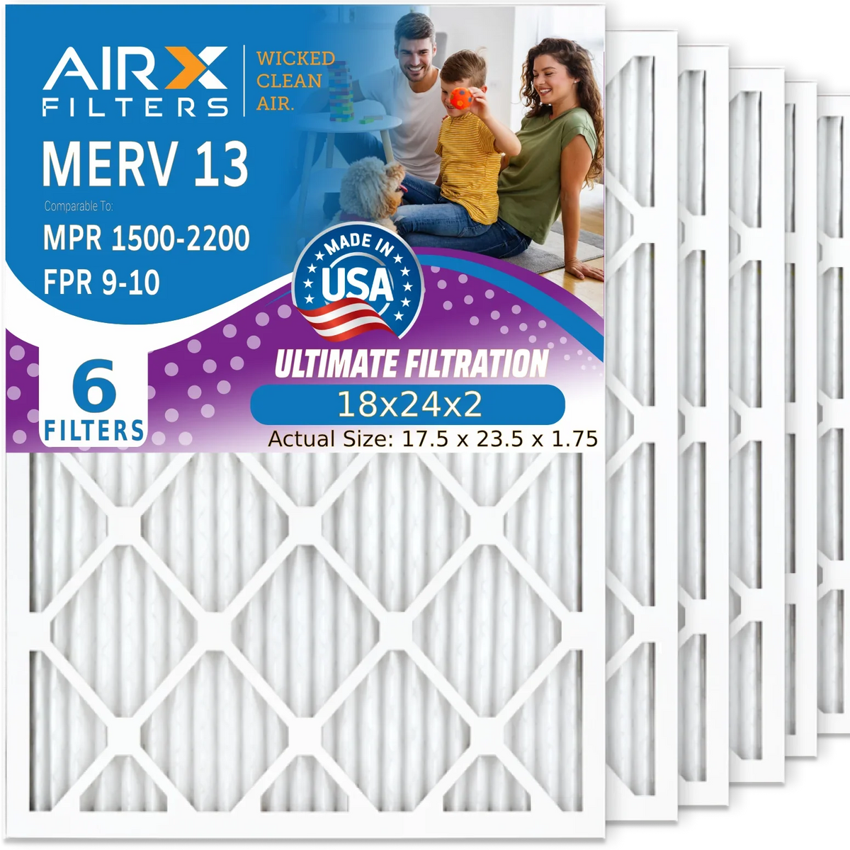 18x24x2 Air Filter MERV 13 Comparable to MPR 1500 - 2200 & FPR 9 Electrostatic Pleated Air Conditioner Filter 6 Pack HVAC AC Premium USA Made 18x24x2 Furnace Filters by AIRX FILTERS WICKED CLEAN AIR.
