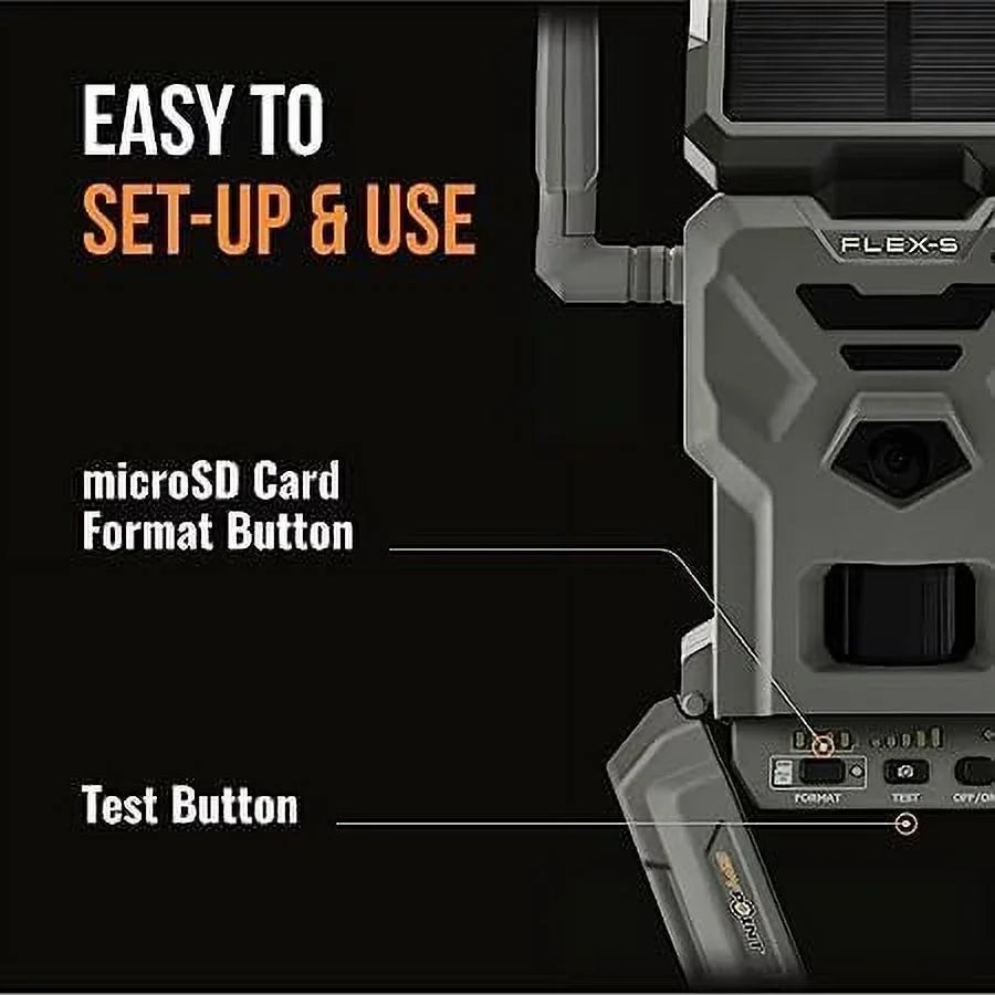 SPYPOINT Flex-S Solar Cellular Trail Camera Integrated Solar Panel, LTE Connectivity, 100-foot Flash/Detection Range, Internal Battery, Optional Battery Backup + Steel Reinforced Strap