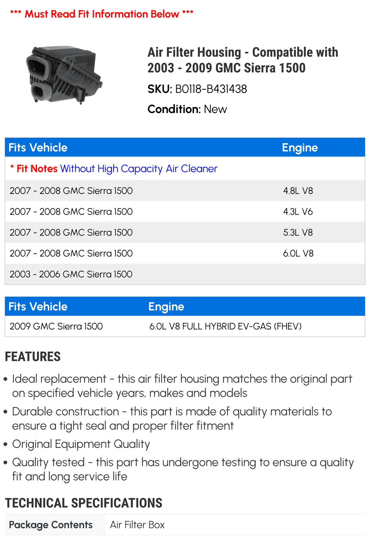 Air Filter Housing - suitable with 2003 - 2009 GMC Sierra 1500 2004 2005 2006 2007 2008