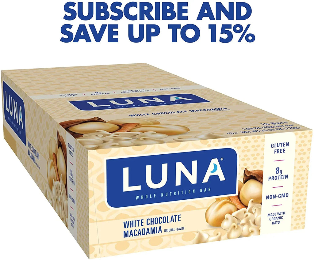 LUNA BAR - Gluten Free Bars - White Chocolate Macadamia Flavor - (1.69 Ounce Snack Bars, 15 Count)