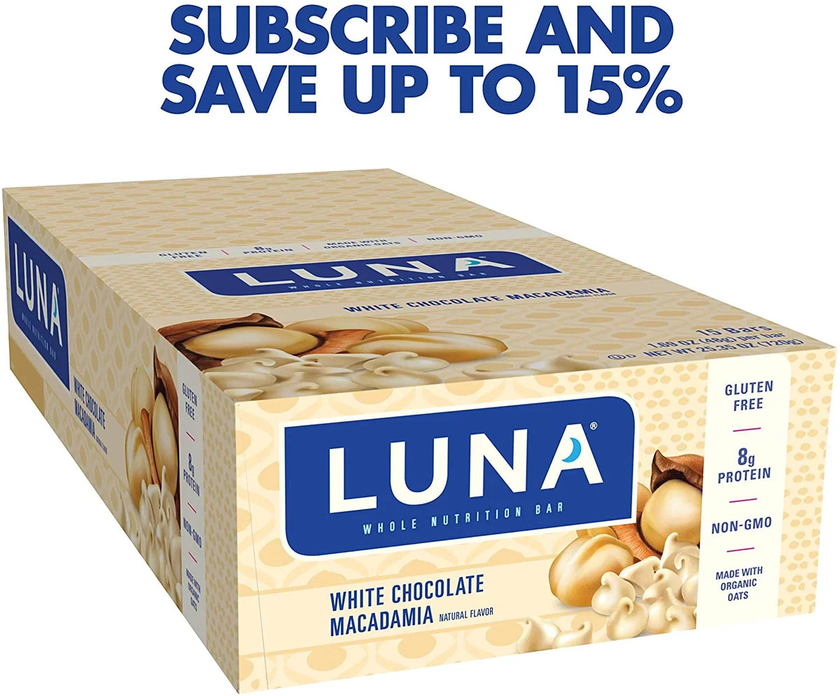 LUNA BAR - Gluten Free Bars - White Chocolate Macadamia Flavor - (1.69 Ounce Snack Bars, 15 Count)
