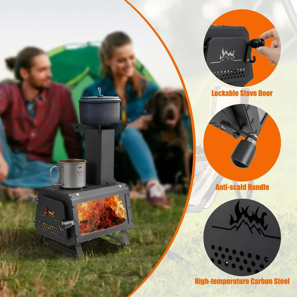 HAPPYGRILL Portable Camping Wood Stove with Lid, Wood Burning Stove with 3 Air Vents, Large Visual Window, X Shaped Holder, Outdoor Hot Tent Stove For Camping, Hunting, Fishing, Cooking