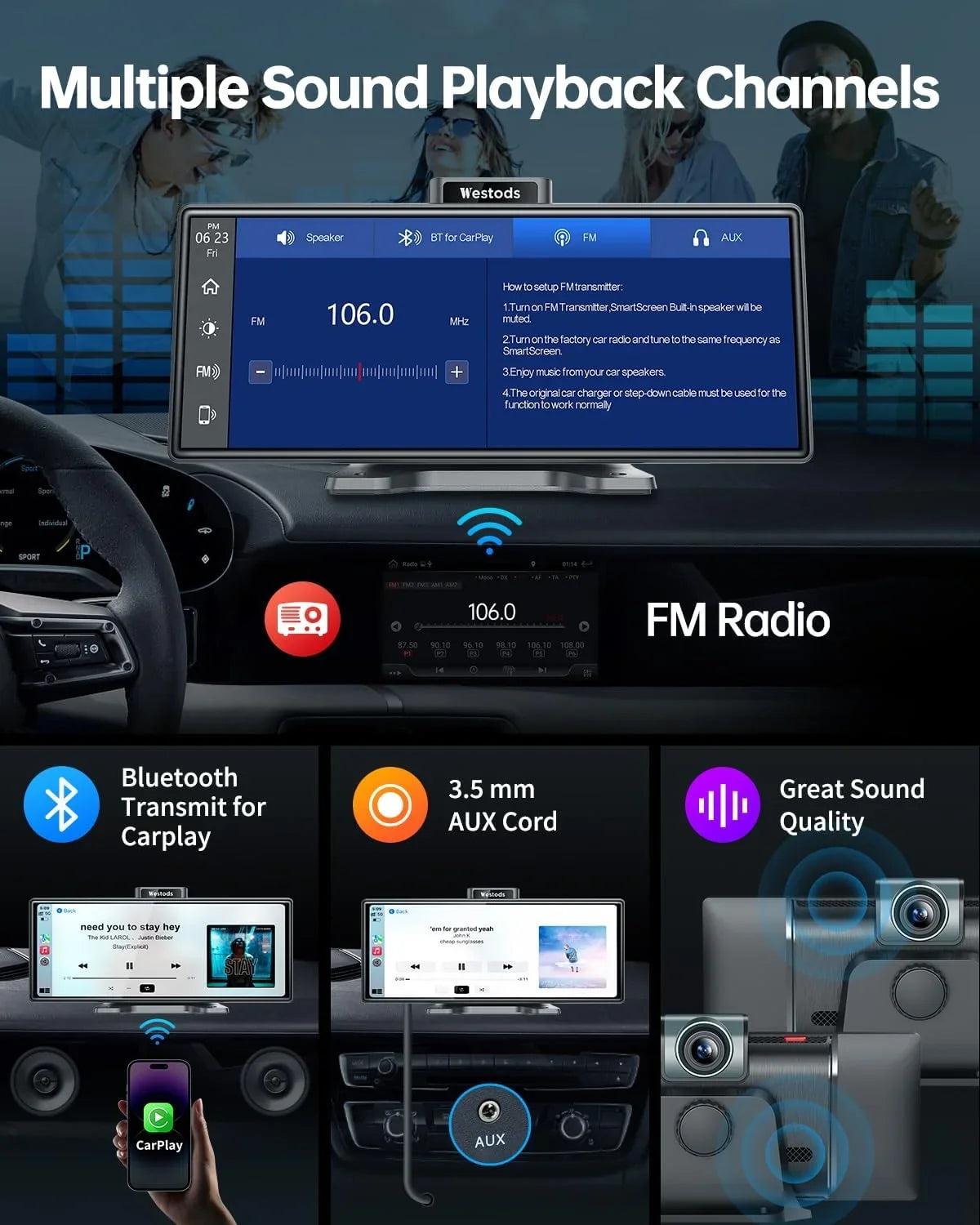 CAIHONG Portable 10.26" Wireless Carplay Screen & Android Auto with Adjustable & Detachable Mount, 2.5K Dash Cam & 1080P Backup Camera, HD IPS Touchscreen, GPS Navigation, Bluetooth, Car Stereo, Radio