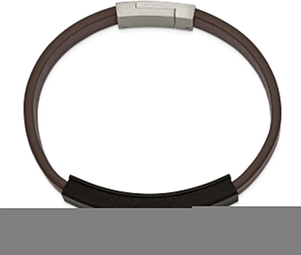 Chisel Stainless Steel Polished Cross Solid Carbon Fiber Brown Faux Leather Bracelet - 8"