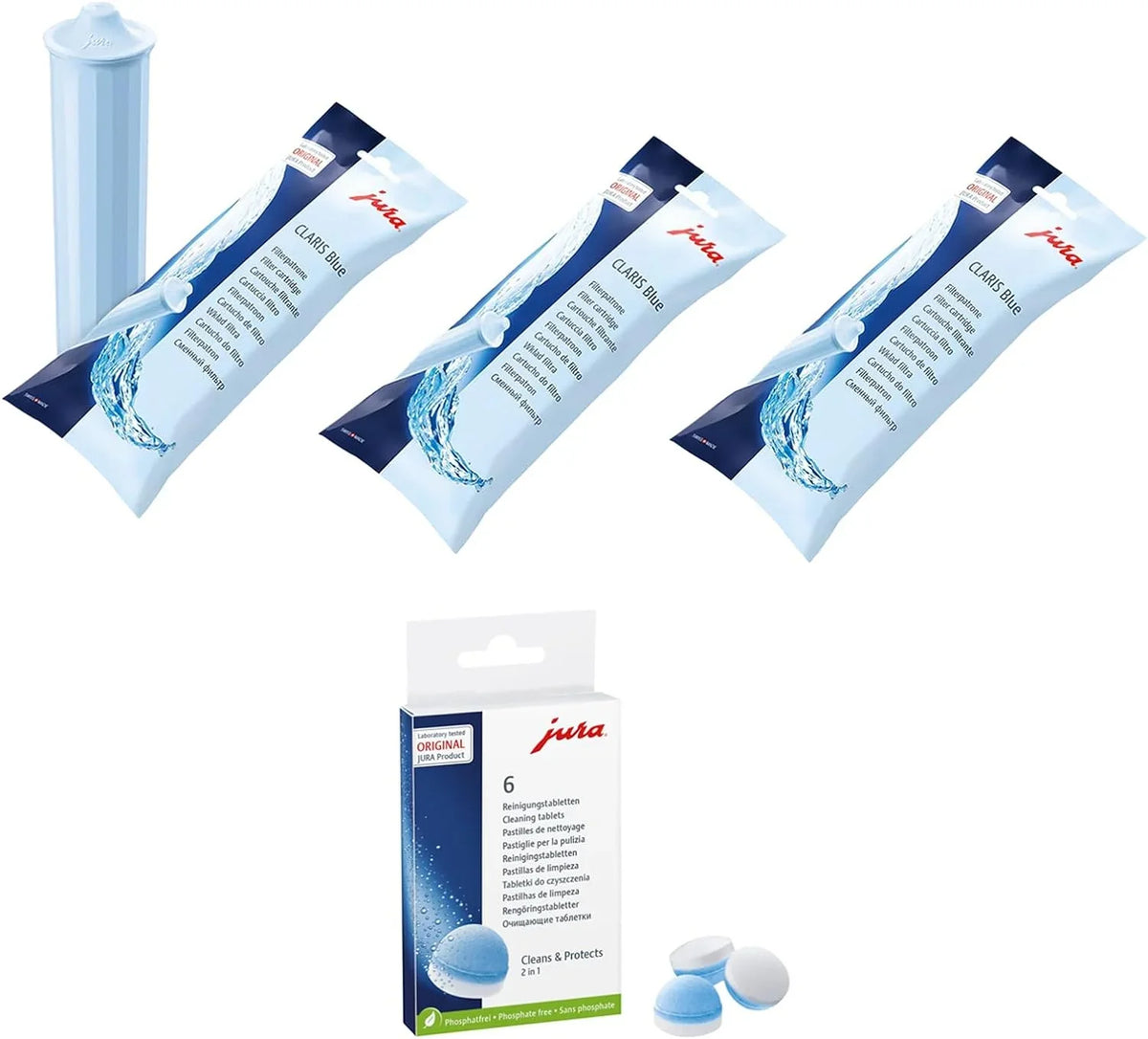 Jura Claris Blue moisture Filter Cartridges (x3) and Cleaning Tablets (6 Tabletts) Combo Pack