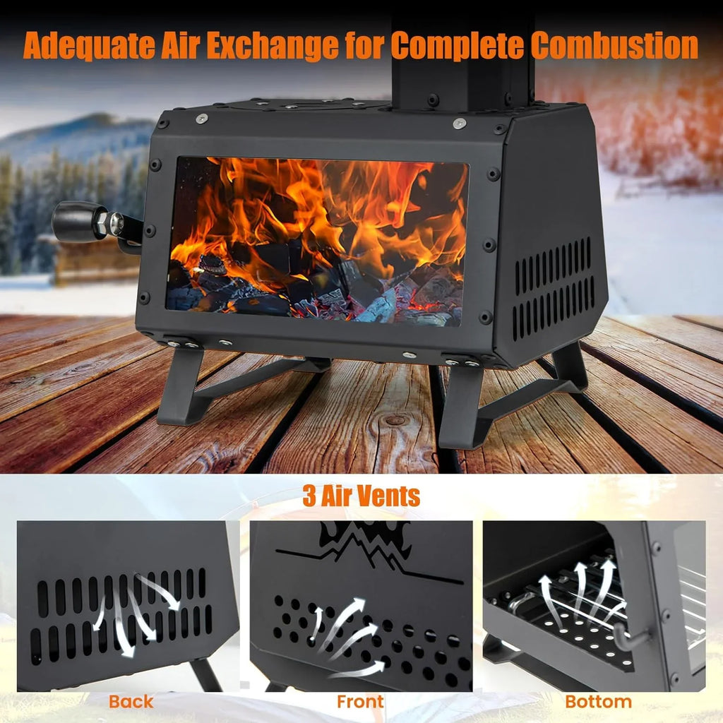 HAPPYGRILL Portable Camping Wood Stove with Lid, Wood Burning Stove with 3 Air Vents, Large Visual Window, X Shaped Holder, Outdoor Hot Tent Stove For Camping, Hunting, Fishing, Cooking