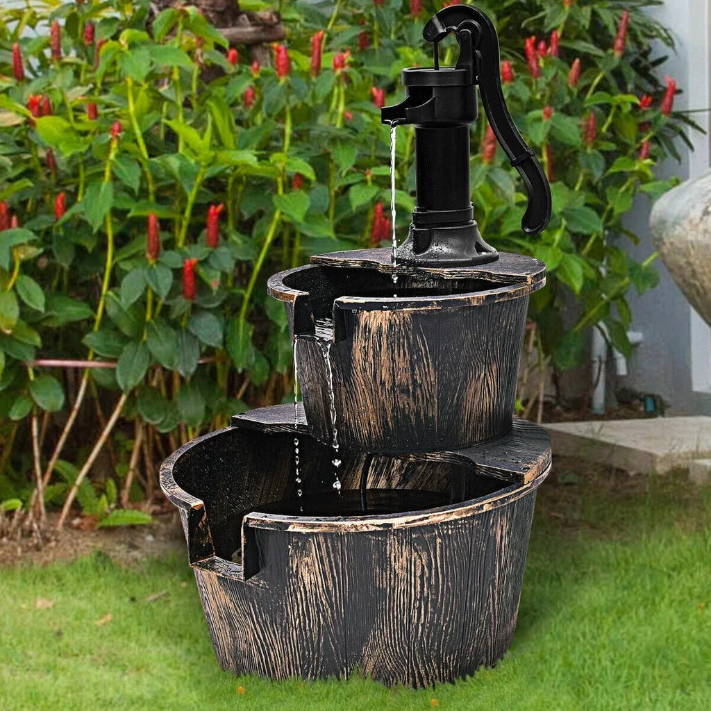 2-Tier Barrel Waterfall Fountain with Pump | Outdoor Garden Barrel aqua Fountain