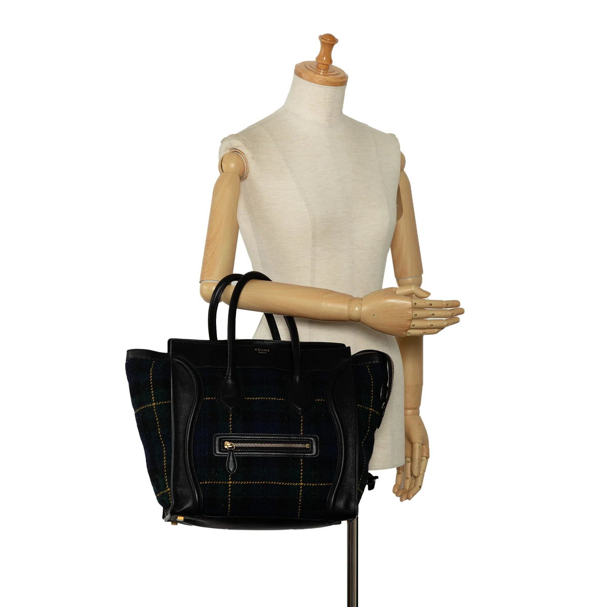Pre-Owned Authenticated Celine Mini Tartan Luggage Tote Wool Fabric Blue Tote Bag Unisex (Good)