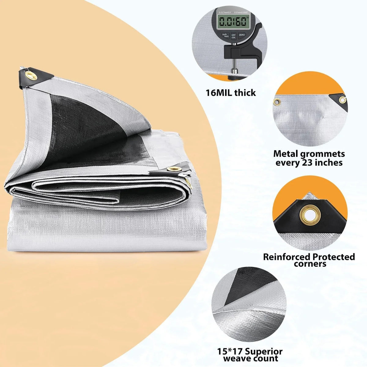 Tarps Heavy Duty Waterproof 12? X 20?, Extra Thick 16 Mil, Tear & Fade impervious, 100% UV Blocking, Outdoor Tarp with Reinforced Grommets for Roof, Camping, Patio, Pool, vessel(Silver/Black)