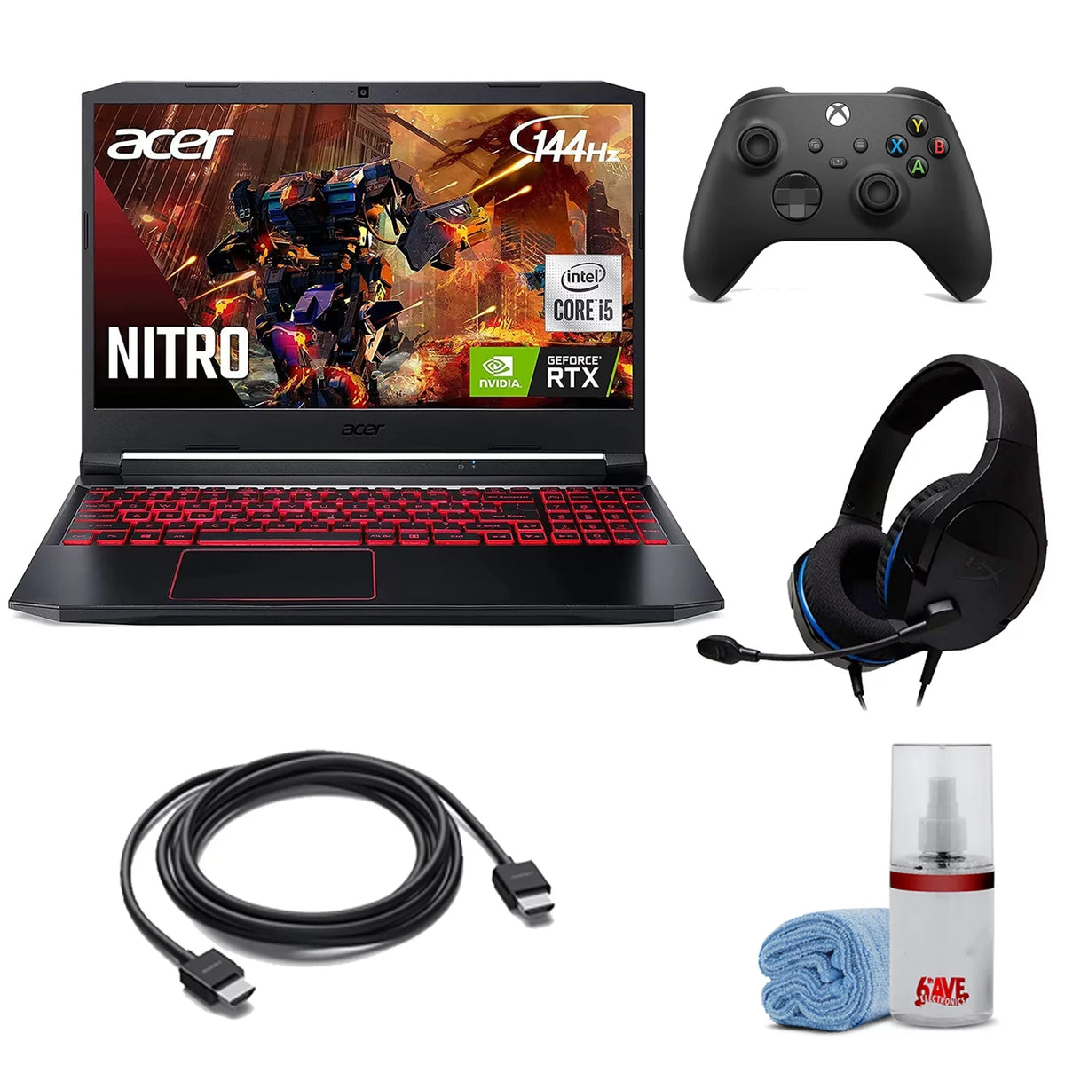 Nitro 5 15.6-Inch 144hz IPS Gaming Laptop + High superior 6ft HDMI Cable + LCD Screen Cleaner + Wired Stereo Gaming Headset + Gaming Controller- Carbon Black